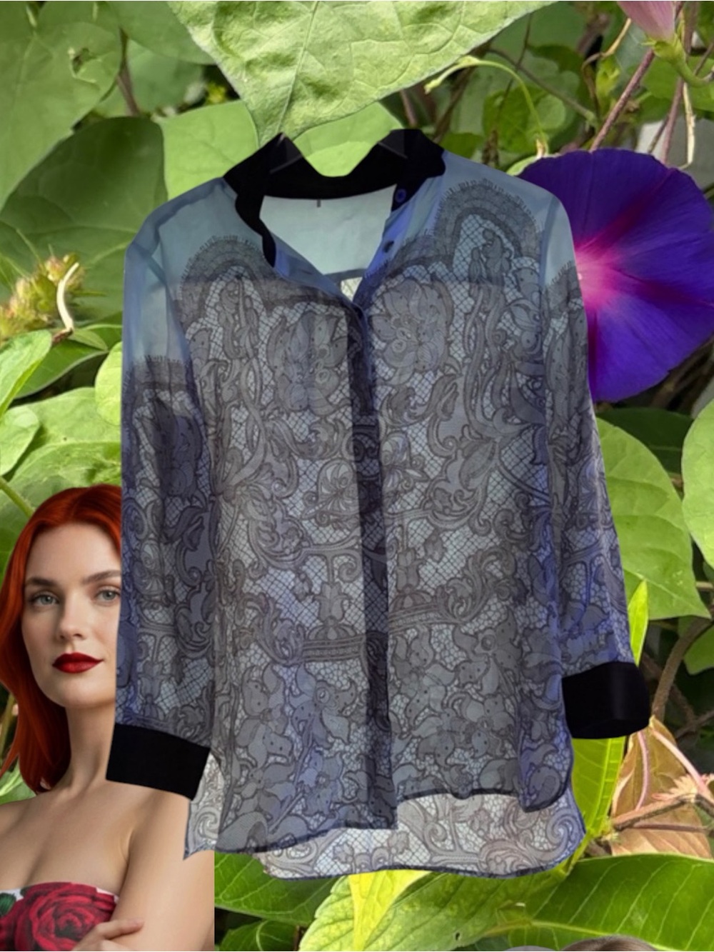 Emilio Pucci Sheer Lace-Print Blouse in Navy and Black